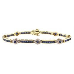 9ct gold  sapphire diamond bracelet, channel set calibre cut sapphires, spaced by sapphire...