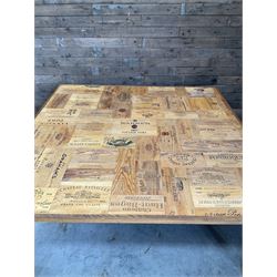 Square centre dining centre table, parquetry wine crate top with oak edging, on beech legs