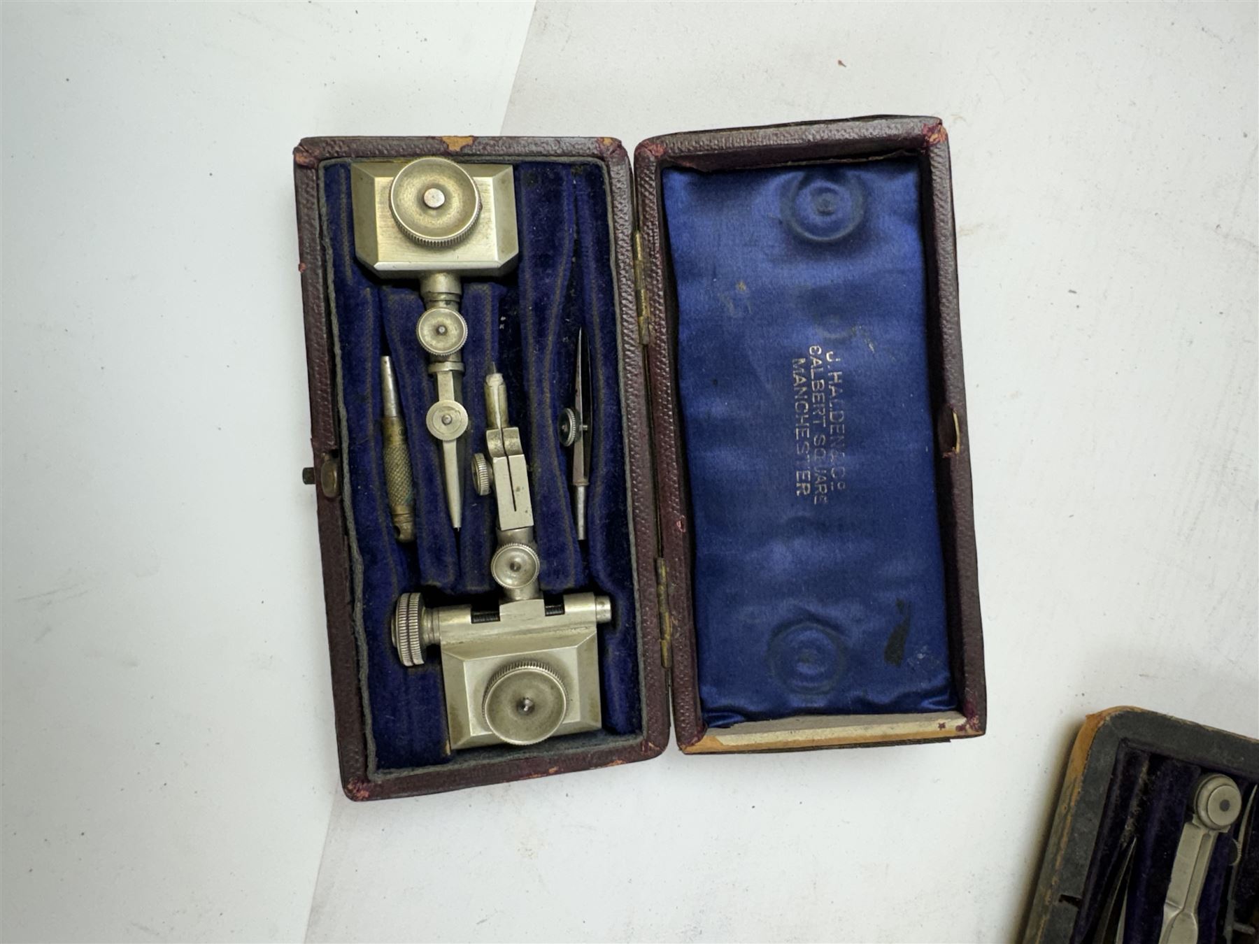 Collection of drawing instruments, including Richter dotting tool, J. Halden & Co Ltd cased of drawing instrument etc 