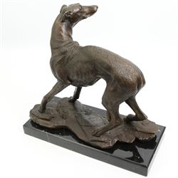 Large 20th century patinated bronze model of a whippet, signed E. Villanis, upon a rectangular marble plinth, H33cm, W15cm, L35cm 