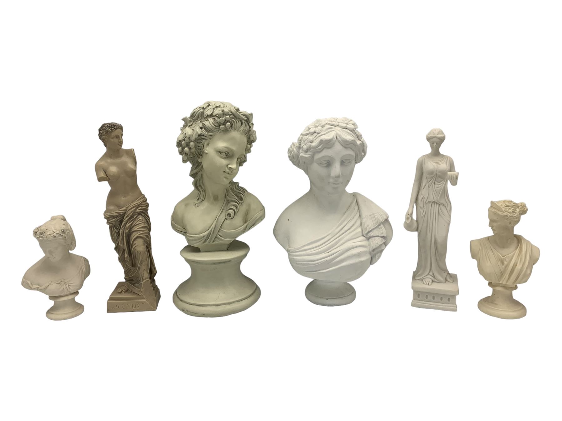 Parian ware model of a female bust on socle plinth, H20cm, resin model of 'Venus', together with other resin and composite classical figures and busts, H42cm max (6)