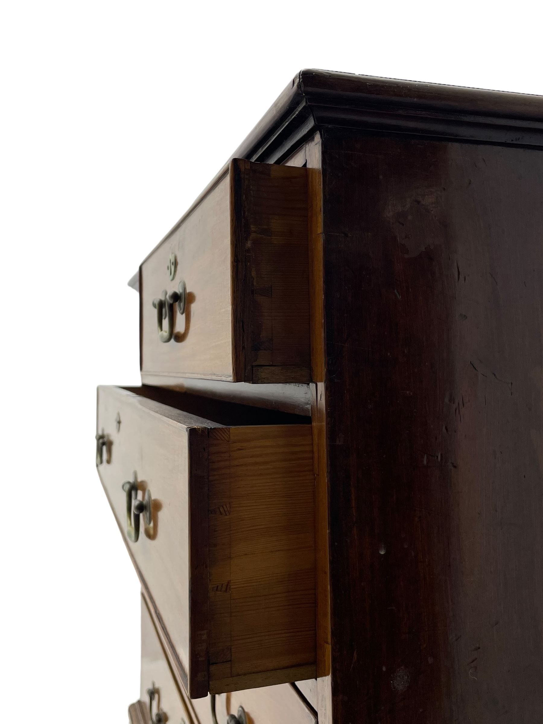 George III mahogany chest, moulded rectangular top over two short and three long cock-beaded drawers, fitted with brass swan neck handles and circular plates, on bracket feet