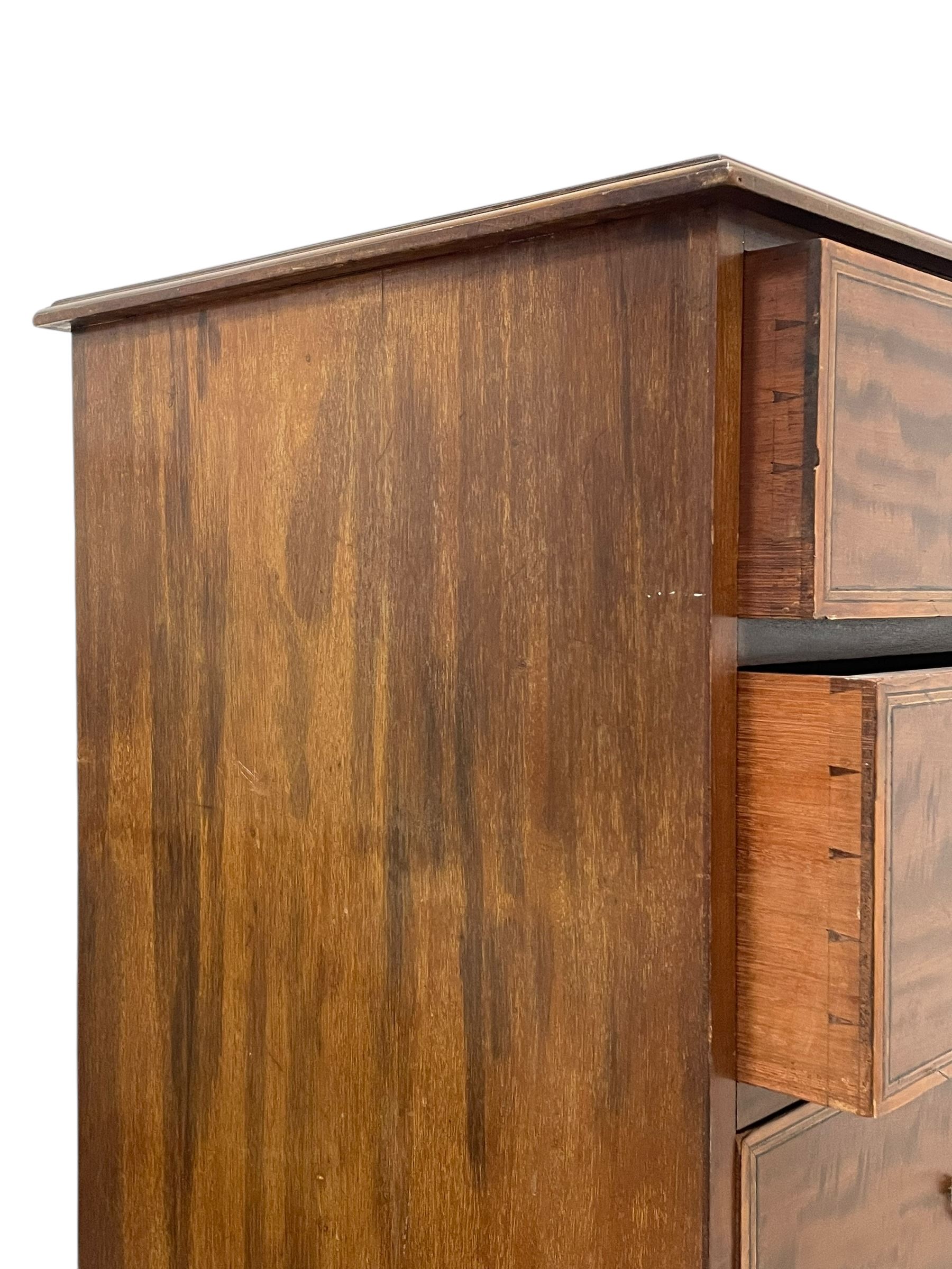 Late Victorian mahogany chest, moulded rectangular top over two short and three long graduating drawers, the drawer fronts inlaid with satinwood bands, boxwood and ebony stringing, on moulded plinth base 