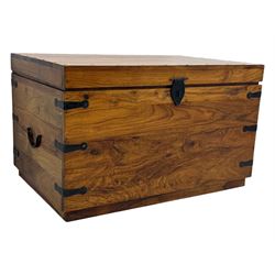 Hardwood and metal bound chest, enclosed by hinged lid, fitted with metal carrying handles