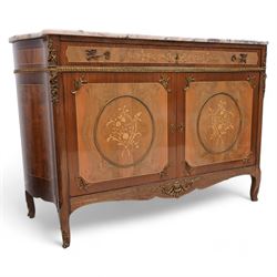 Mid-to-late 20th century mahogany and walnut side cabinet, shaped white and grey variegated marble top, single frieze drawer inlaid with scrolling leafy branches and flower heads, single internal shelf enclosed by two doors inlaid with flowers, decorated with cast gilt metal mounts, on cabriole feet 