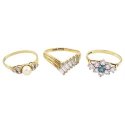 Three 9ct gold stone set rings, including paste and pearl, all hallmarked