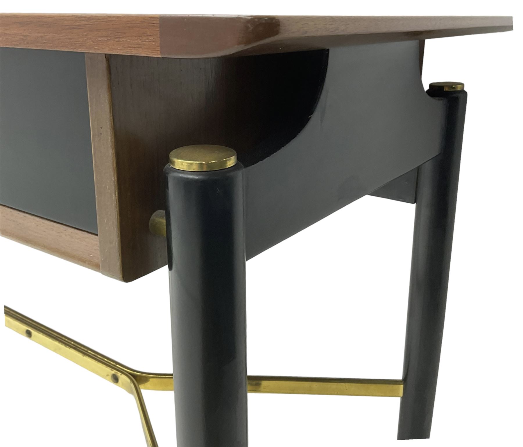 E. Gomme for G-Plan - ‘Librenza’ afrormosia and black finish console, fitted with two drawers, on turned supports united by brass stretchers