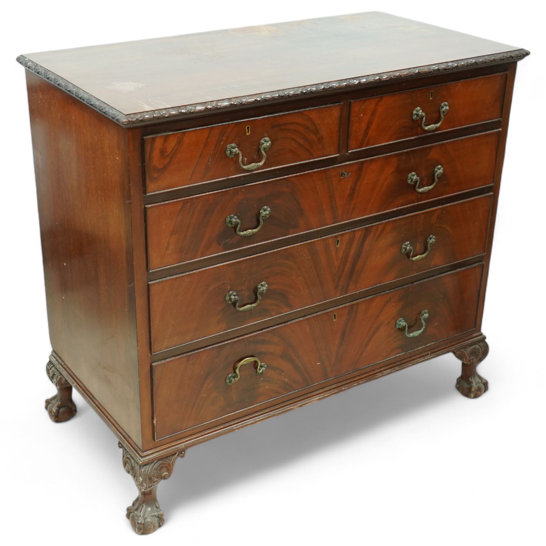 Georgian design mahogany chest, rectangular top with floral and ribbon-twist moulded edge, fitted with two short over three long graduating cock-beaded drawers, on acanthus carved cabriole supports with ball and claw feet