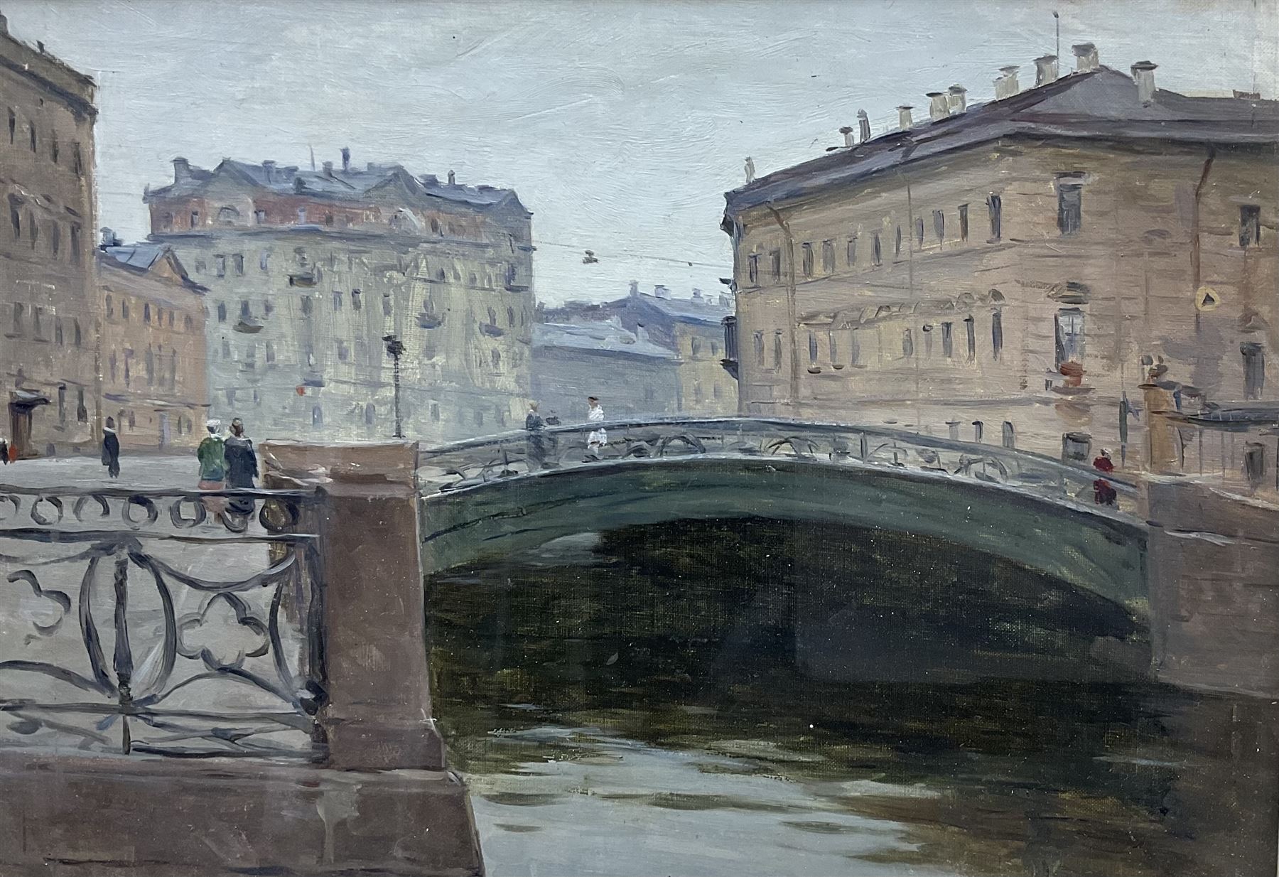 Michael (Mikhail) Nicolayevich Sokolov (Russian 1931-): 'Bridge on the River Fontanka - Leningrad', oil on board unsigned, titled and dated 1976 on exhibition label verso 23cm x 33cm
Provenance: with Roy Miles Gallery, 29 Bruton Street, London; the artist's Studio, Moscow Stock No. 2099