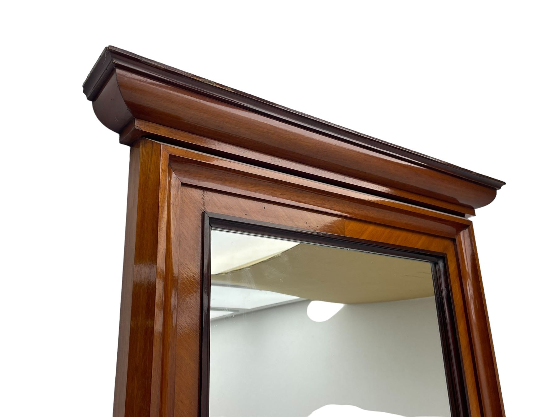 Late 19th to early 20th century walnut hallway console table with pier mirror, tall rectangular mirror with ovolo-moulded cornice, plain mirror plate surrounded by moulded slip and crossbanding, rectangular top over panelled back supports by turned supports, on sledge feet 