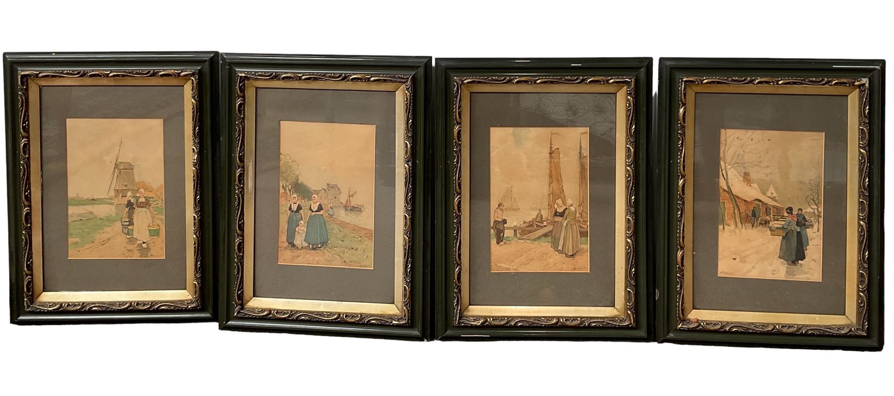 After Henry Cassiers (Belgian 1858-1944): Dutch Ladies in Village Scenes, set of four prints in matching frames (4)