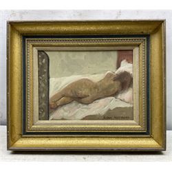 Anton Matthews RCA (British 1925-2008): 'Sleeping Nude', oil on board signed, titled verso 18cm x 25cm