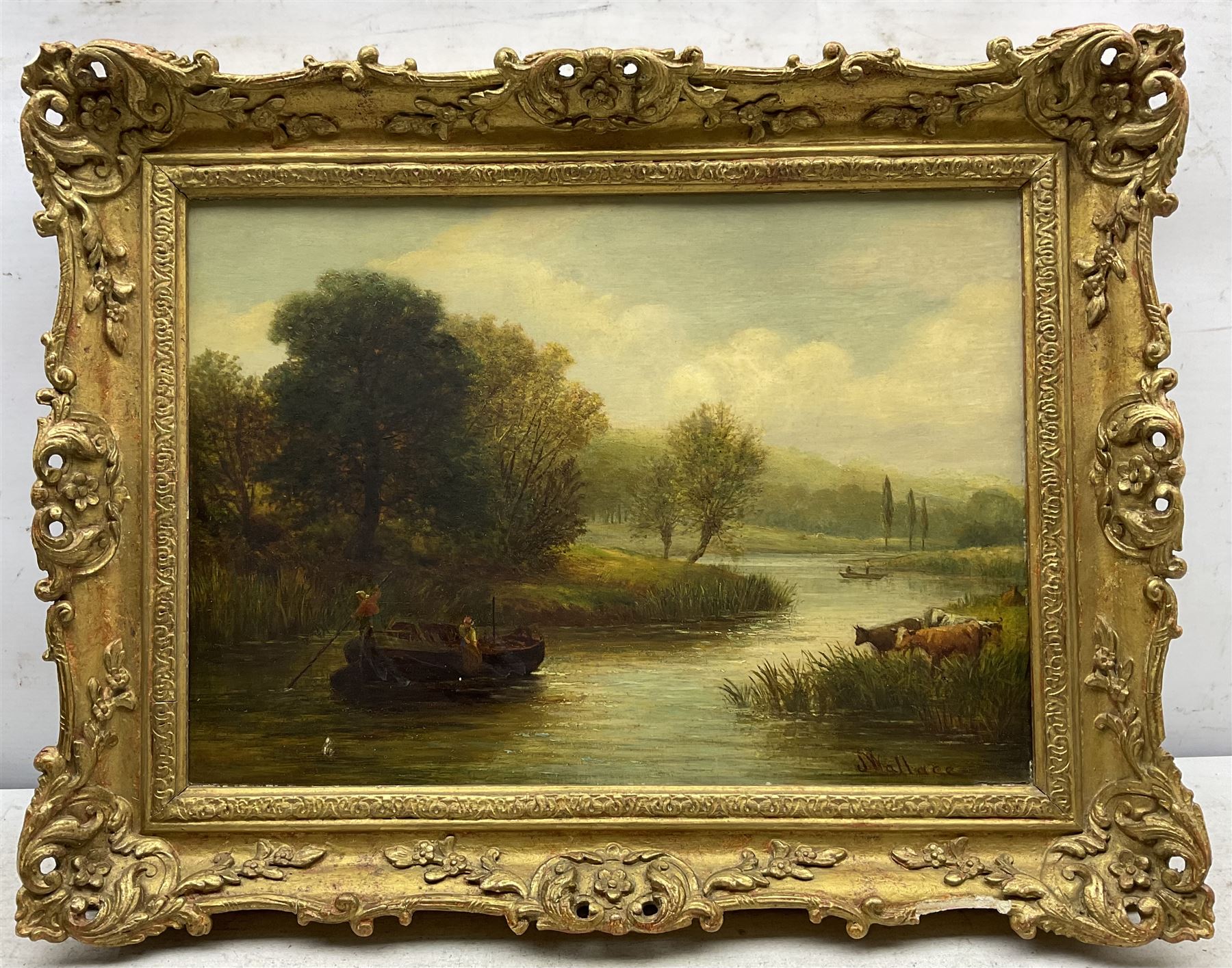 J Wallace (British 19th Century): Boats on the Wetlands, oil on panel signed 25cm x 36cm 