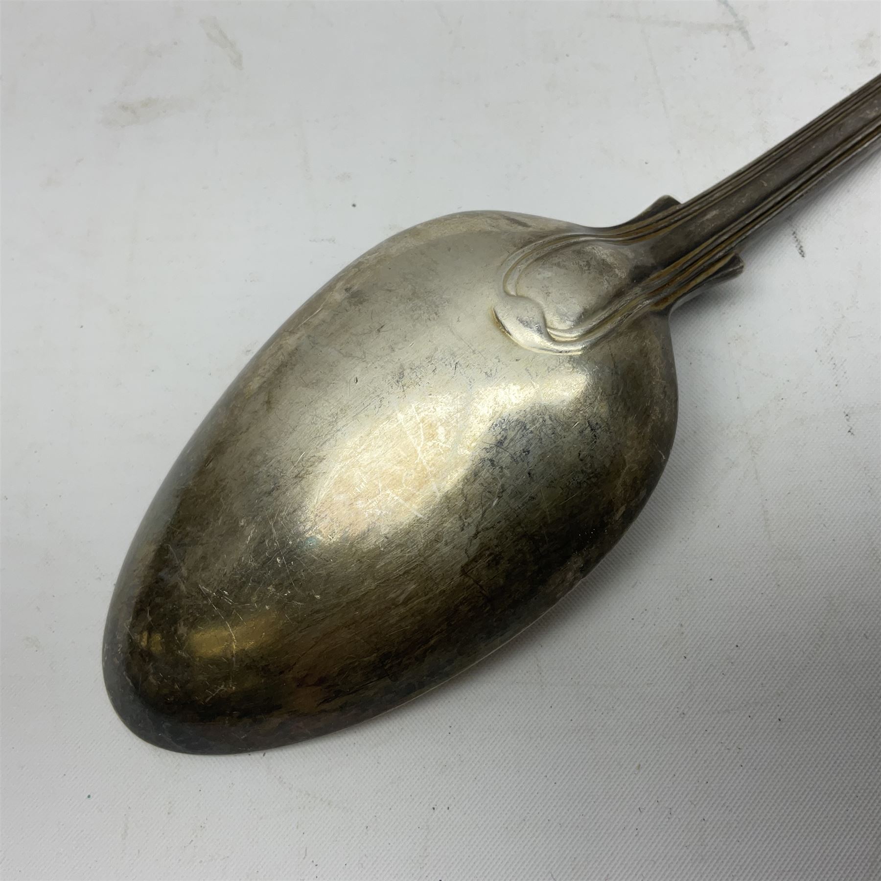 Victorian silver Fiddle pattern table spoon, with reed border and engraved monogram to terminal, hallmarked Elizabeth Eaton, London 1853