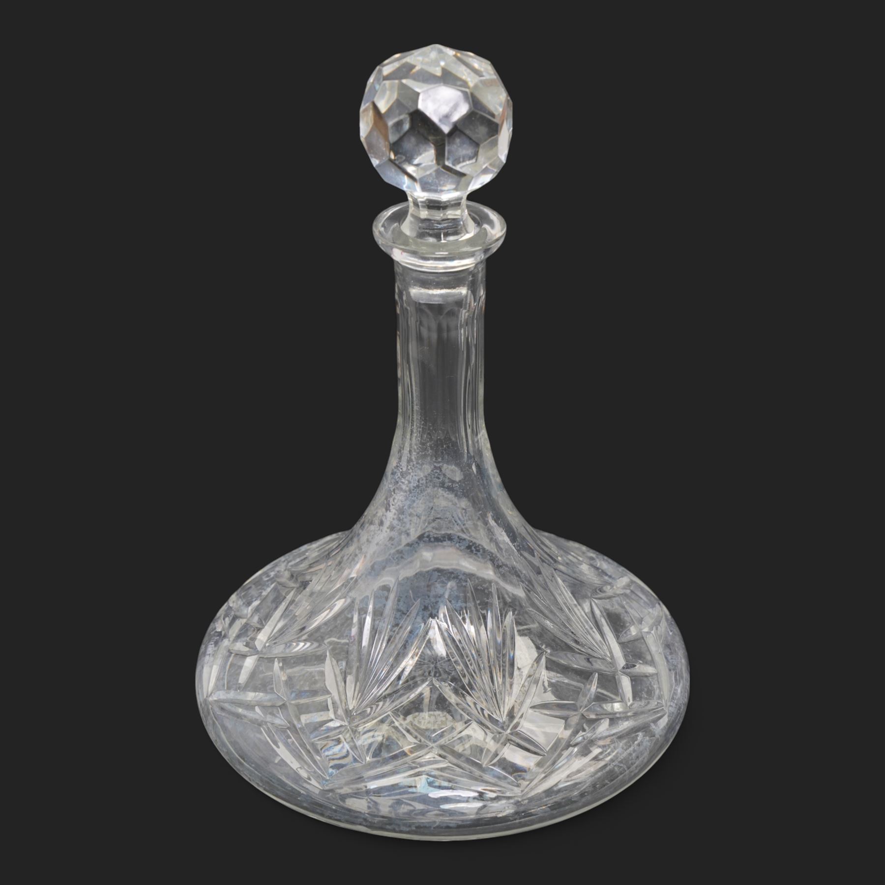 Large Art Glass dish D45cm, silver trumpet shape vase, pair of glass spirit decanters and three others