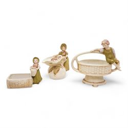 Royal Dux figural basket, modelled with a boy sitting upon the rim, H20cm, a Royal Dux fig...