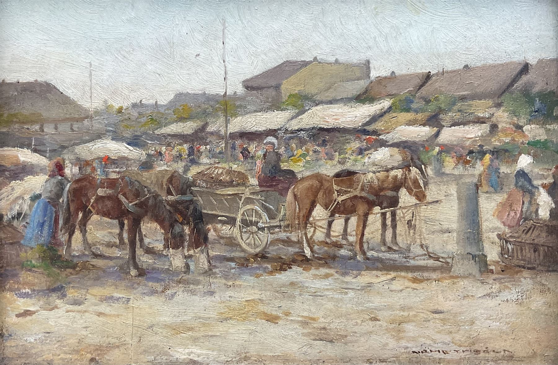 Béla Németh (Hungarian 1856-): Market Day, oil on board signed, indistinctly inscribed and stamped with artists address verso 13cm x 19cm 