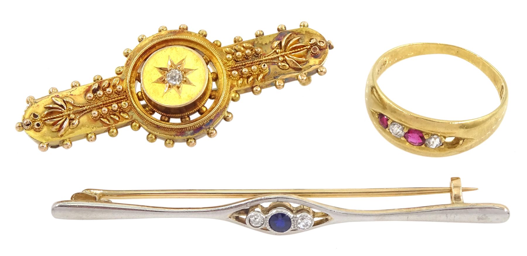 Early 20th century 14ct gold and palladium three stone diamond and synthetic sapphire brooch, Victorian 18ct gold ruby and diamond ring, Birmingham 1888 and a Victorian gold single stone diamond brooch, stamped 15ct