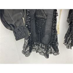 Victorian three piece mourning dress, with lace trim and jet beading, including velvet coat with satin collar panels and cuffs, the nipped waist with boning and slight flared peplum, heavily embellished beaded high neck collar, and ladies embroidered silk lined purse with gilt handle, mount and clasp