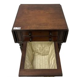 19th century mahogany drop-leaf work table, rectangular top with rounded corners, fitted with two cock-beaded drawers over pleated silk storage well, with matching opposing faux drawers, on turned and lobe moulded supports on castors