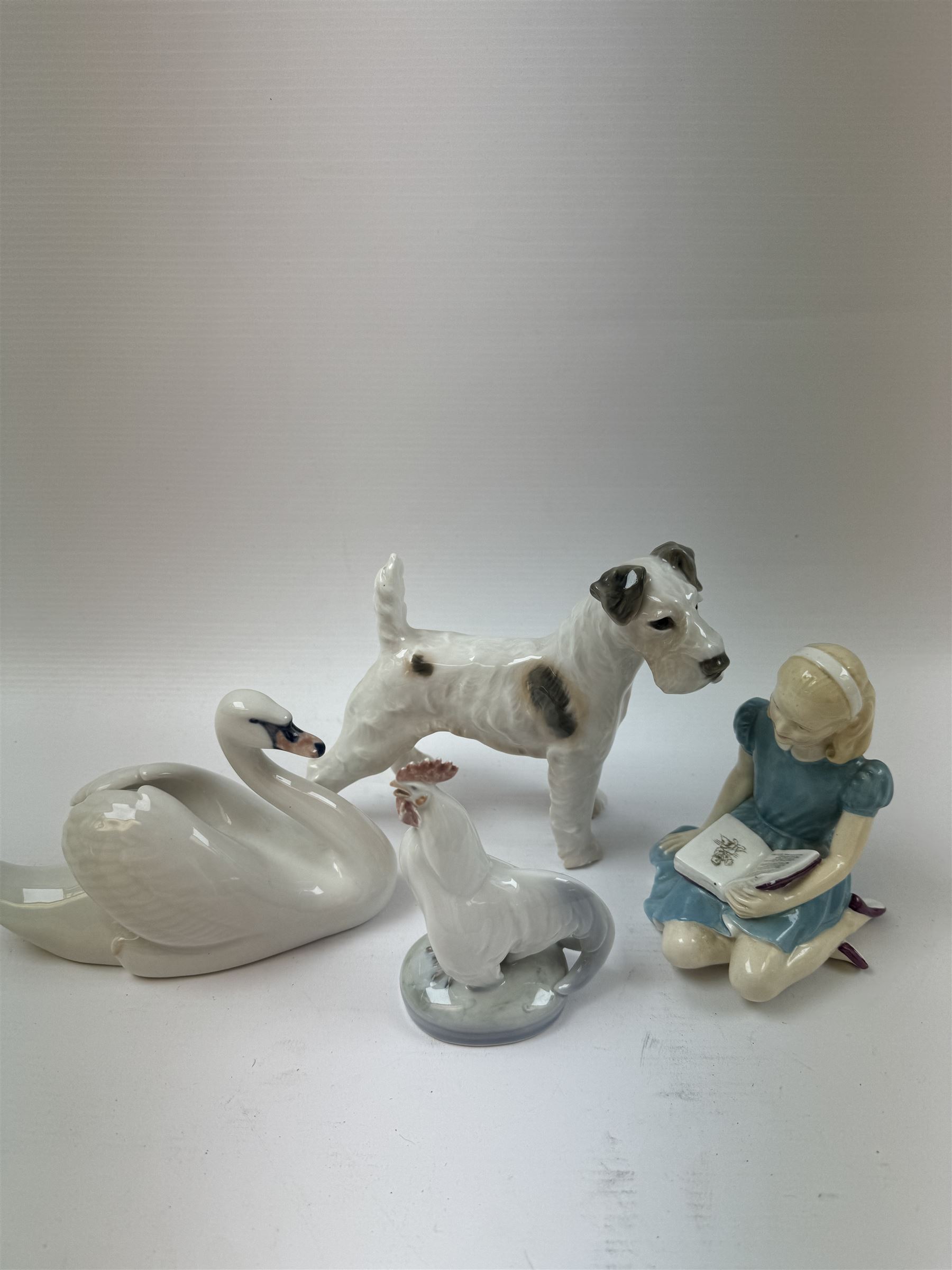 Three Royal Copenhagen figures, Terrier No1998, Swan No755, and Cockerel No1126, together with a Royal Worcester figure, Alice HN2158