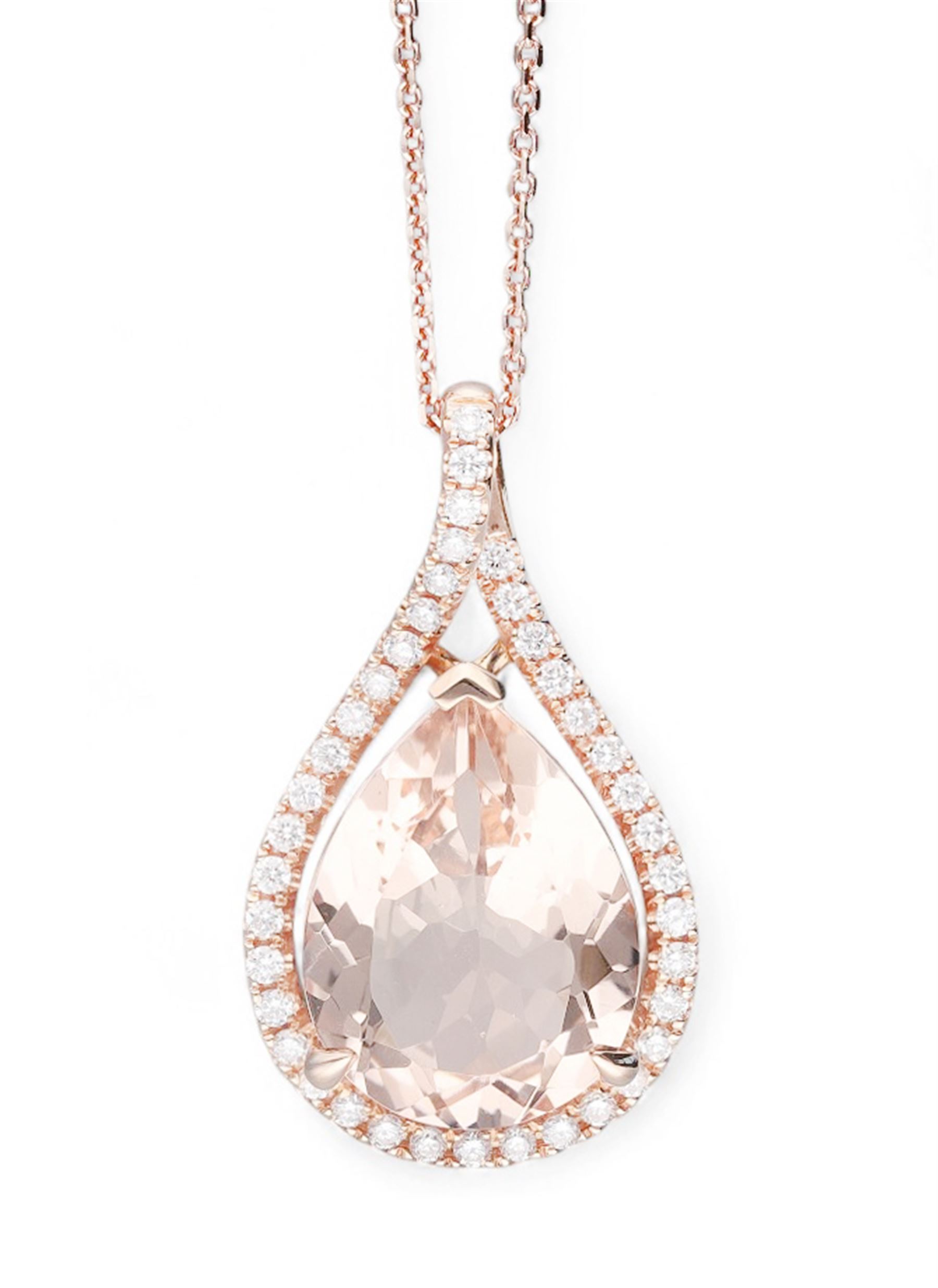 18ct rose gold pear cut morganite and round brilliant cut diamond cluster pendant, hallmarked, on 18ct rose gold chain necklace, morganite 7.15 carat, total diamond weight 0.42 carat