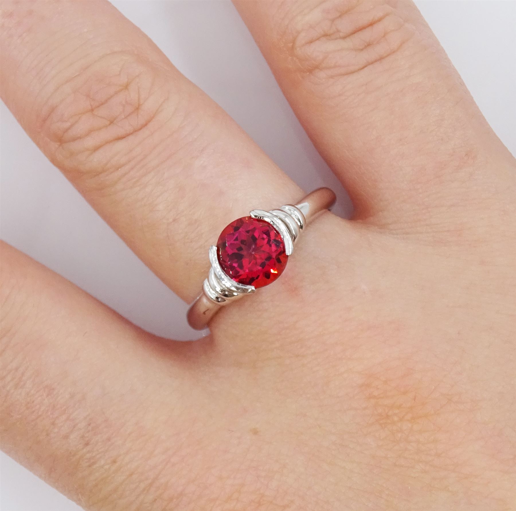 9ct white gold single stone round red topaz ring, hallmarked