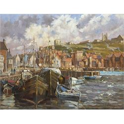 Donald Gray Midgely (British 1918-1995): Whitby Harbour with a View of the Abbey, oil on board signed and dated '78 40cm x 50cm