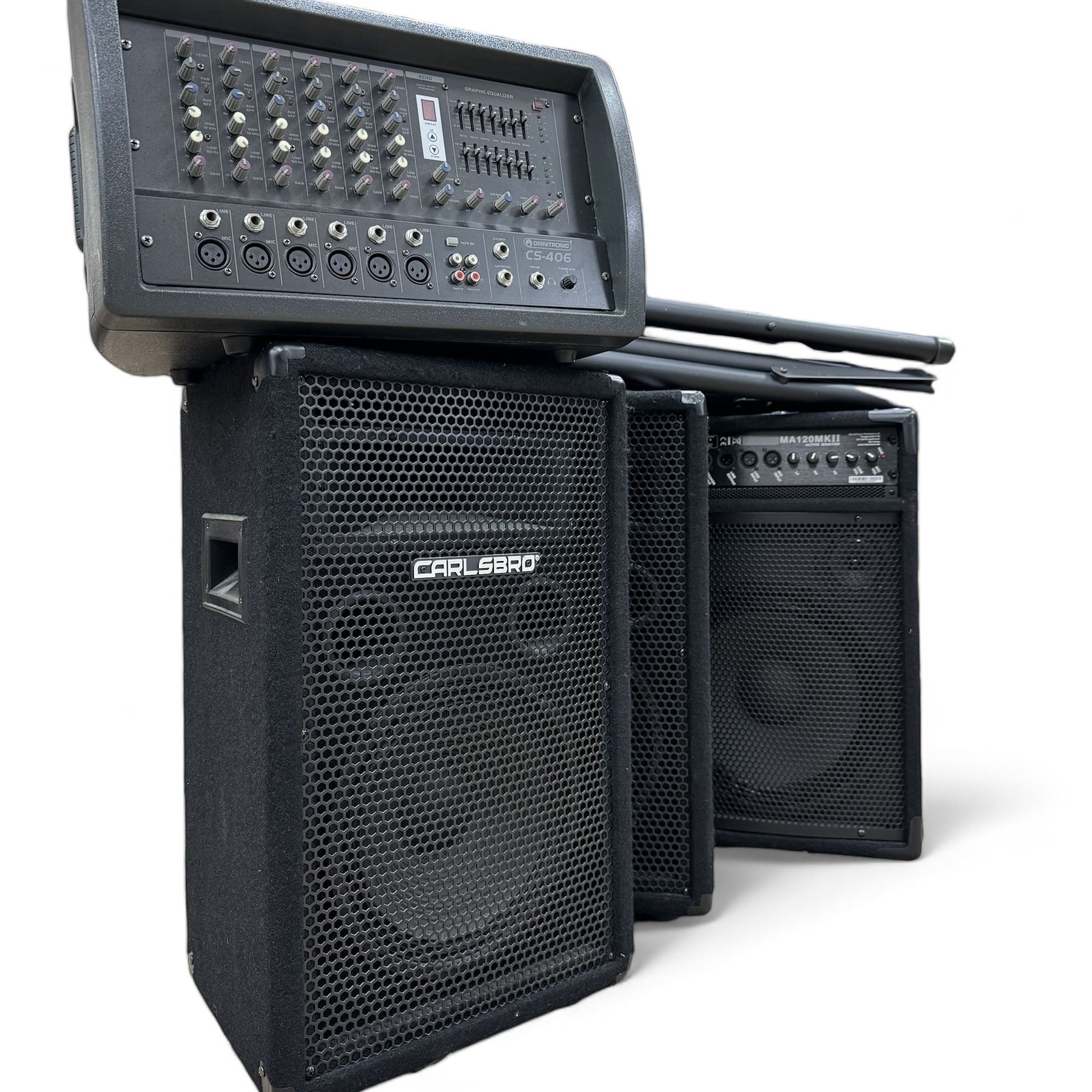 Pair of Carlsbro speakers with stands together with the box single monitor and Omnitronic mixer