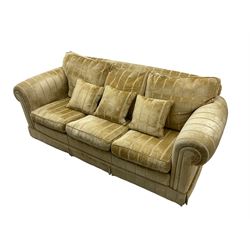 Duresta England - three-seat sofa, upholstered in pale gold fabric, traditional shape with rolled arms