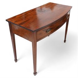 19th century mahogany bow-fronted side table, reeded top over single drawer, on square tap...