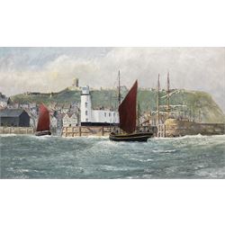 Robert Sheader (British 20th century): Yawls Returning to Scarborough Harbour, oil on boar...