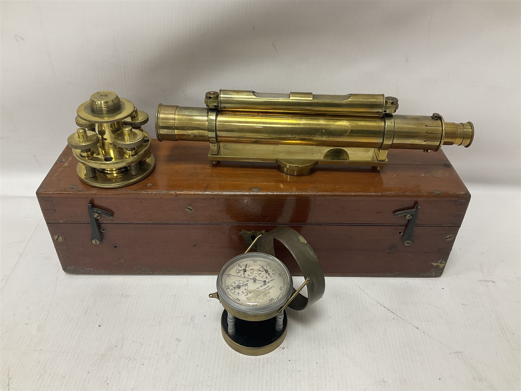 Late 19th century/early 20th century brass dumpy level, inscribed Carter Optician Exeter, in fitted mahogany case, together with a Lowne Instruments Air Meter, no L 3854