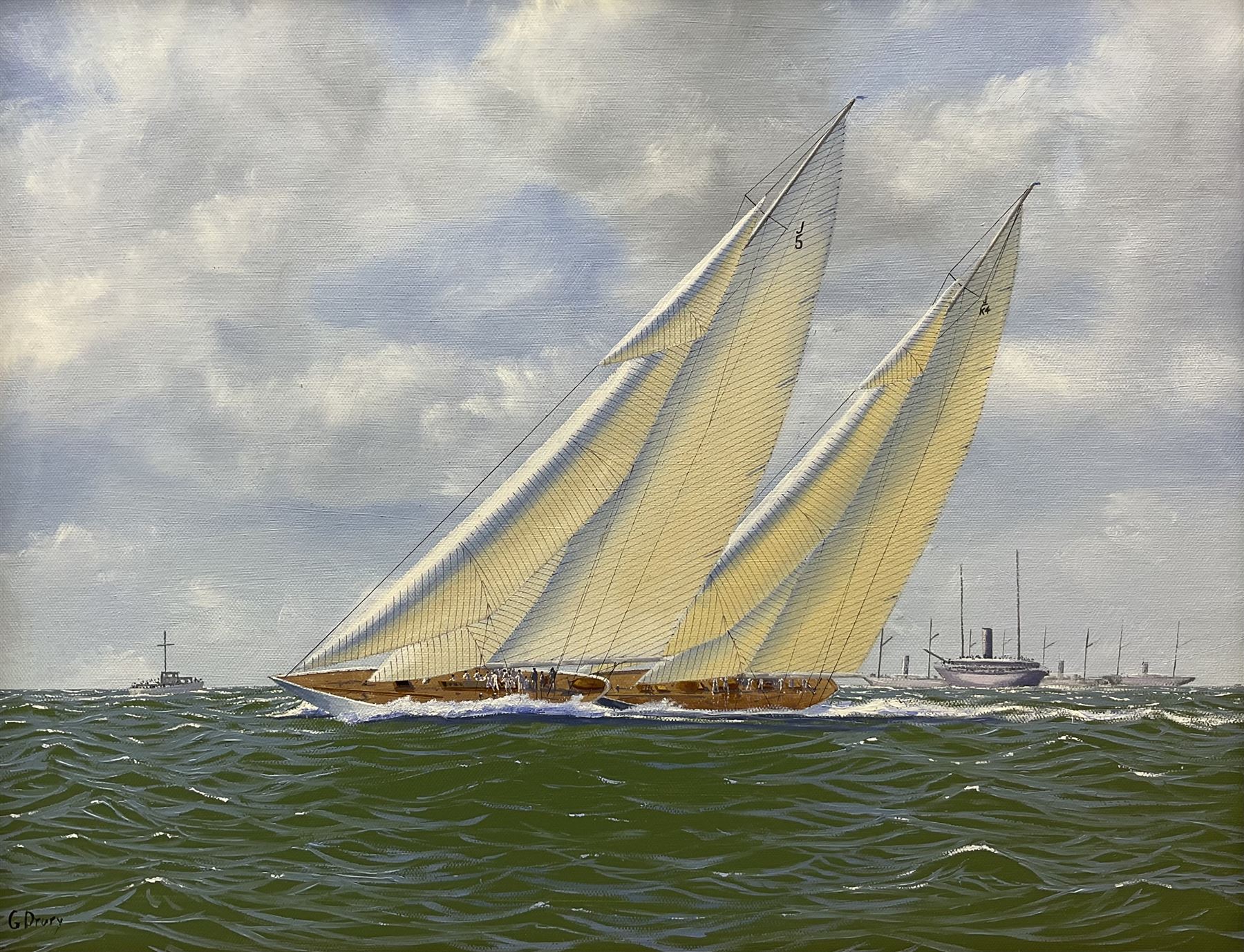 George Drury (British 1950-): 'Rainbow Heading Towards Victory - America's Cup 1934', oil on canvas board signed, titled verso 39cm x 49cm 