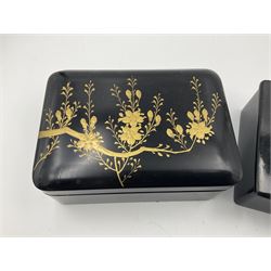 20th century Russian black lacquered papier Mache boxes, decorated with flowers, birds and other designs 
