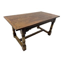 Oak refectory dining table, rectangular three plank top with cleated ends, two additional leaves, on turned supports united by H-stretchers 