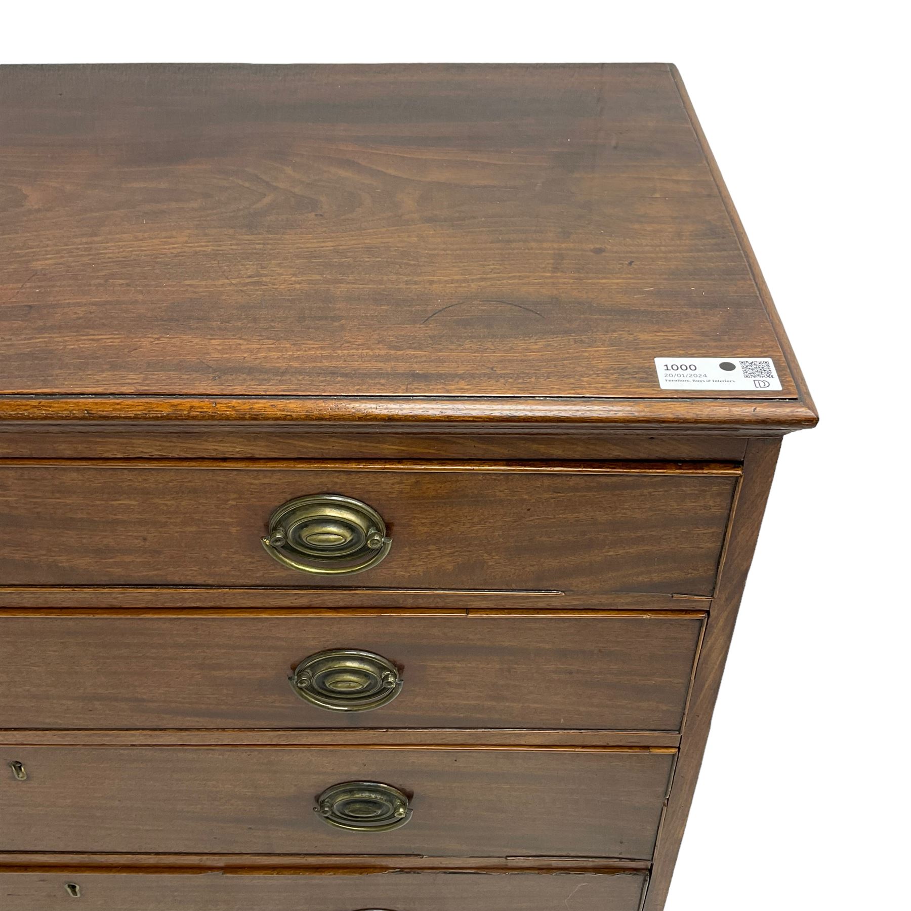 George III mahogany chest, fitted with two short and three long cock-beaded drawers, raised on bracket feet