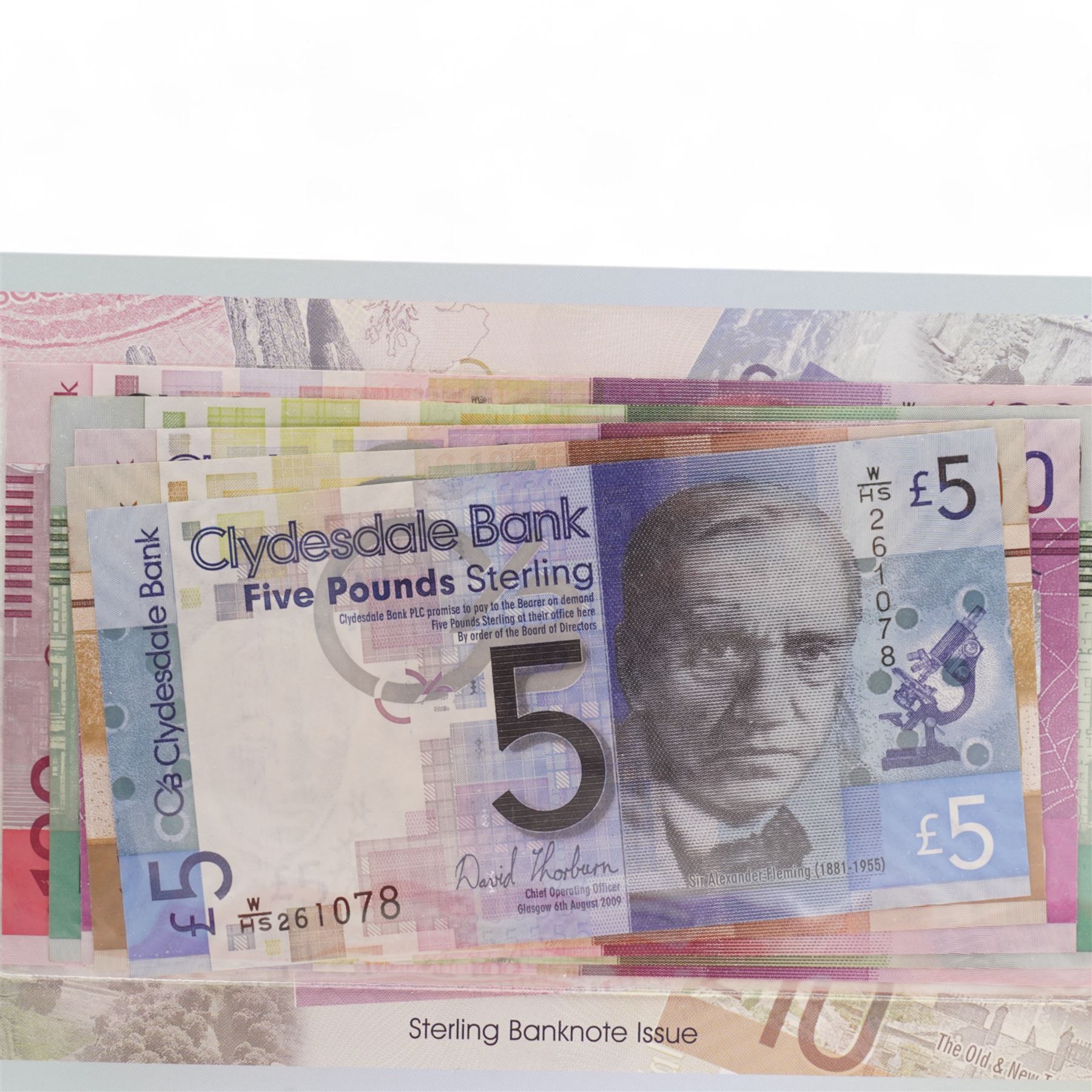 Clydesdale Bank set of five 'Genuine Collectors Sterling Banknotes' comprising one-hundred pounds 'W/HS', fifty pounds 'W/HS', twenty pounds 'W/JR', ten pounds 'W/JF' and five pounds 'W/HS', housed in a card folder