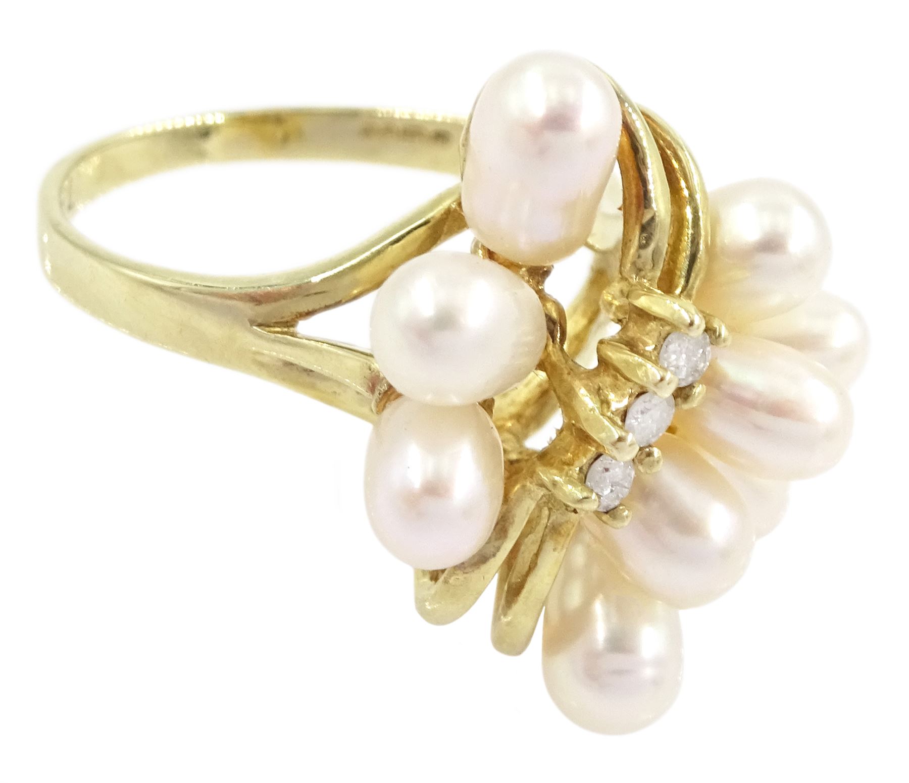 9ct gold pearl and three stone diamond cluster ring, Birmingham import mark 1992