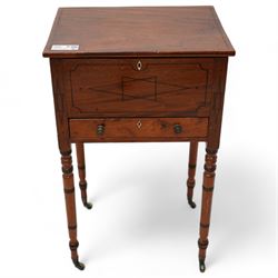 George III mahogany work table, rectangular hinged top enclosing upholstered interior, fitted with single drawer, the front inlaid with geometric stringing, on ring turned supports with brass cups and castors  