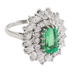 18ct white gold octagonal cut emerald, round brilliant and marquise cut diamond cluster ring, emerald approx 1.95 carat, total diamond weight approx 2.65 carat