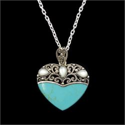 Silver turquoise, mother of pearl and marcasite openwork heart pendant necklace, stamped 925