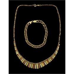 Gold tri-coloured fringe necklace and a gold bracelet, both 9ct