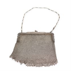 Silver mesh evening purse with long and short link strap, hallmarked import Birmingham 1913, together with an iron mesh evening purse with acorn drops, and a silver hair comb (3)