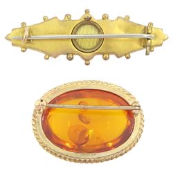 Early 20th century gold pink stone and pearl set brooch and a later gold amber brooch, both hallmarked 9ct