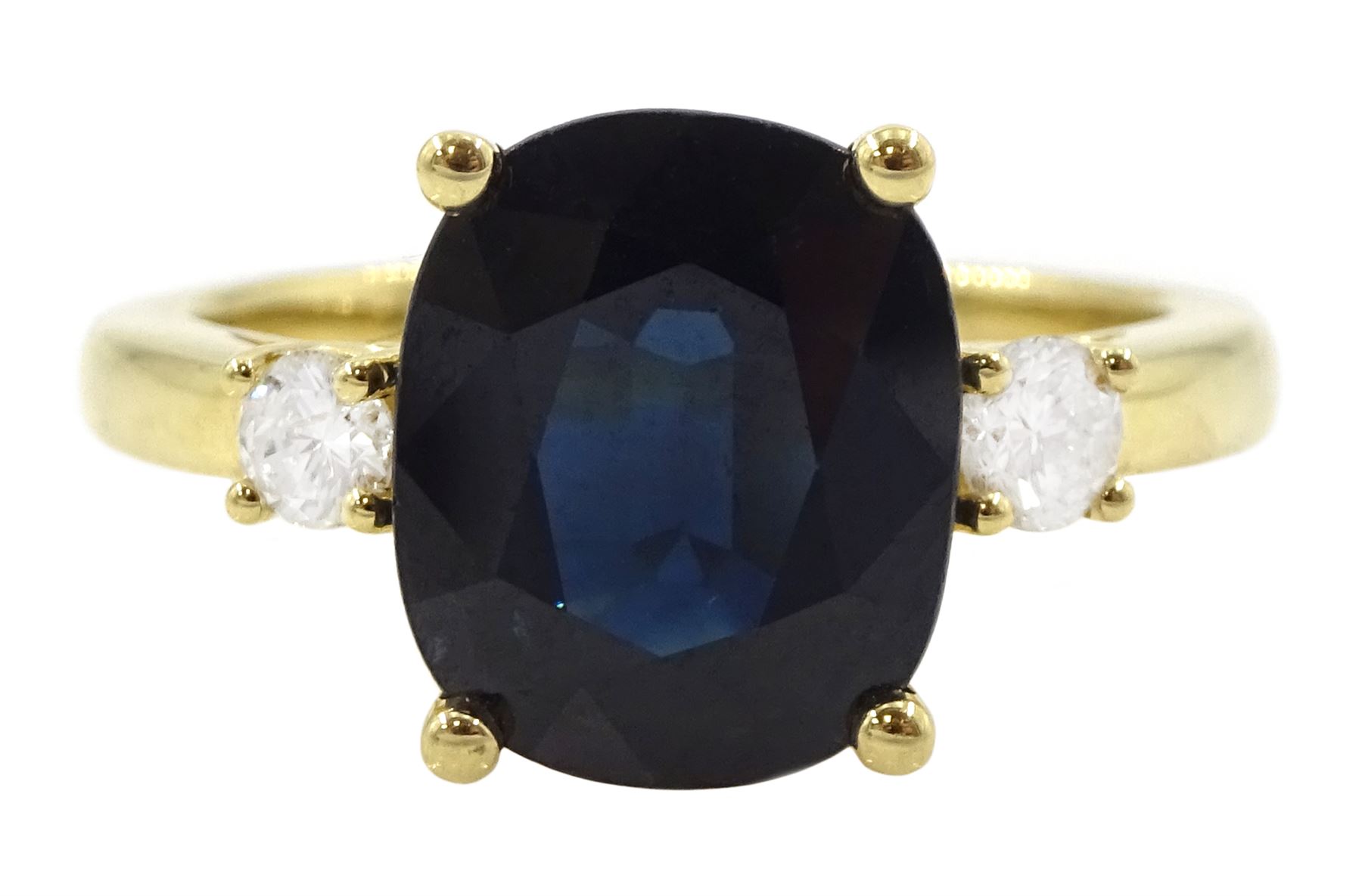 18ct gold three stone sapphire and round brilliant cut diamond ring, hallmarked, sapphire approx 3.95 carat