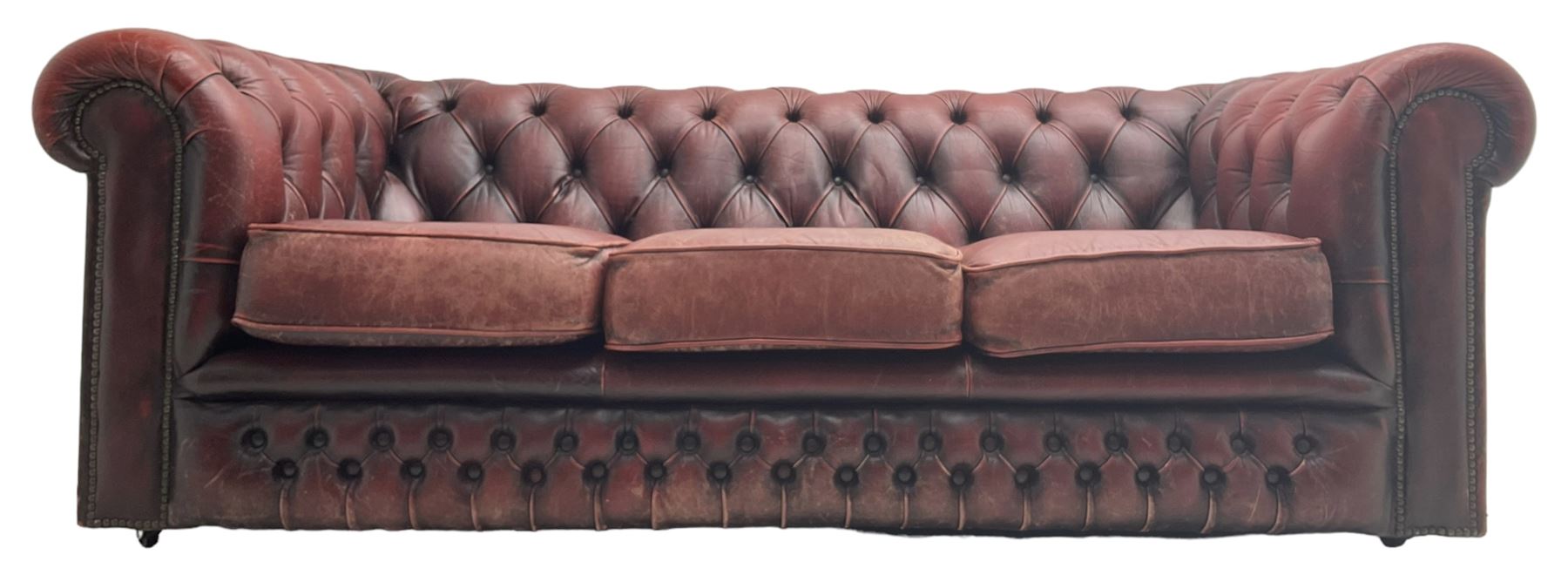 Chesterfield three-seat sofa upholstered in red buttoned leather