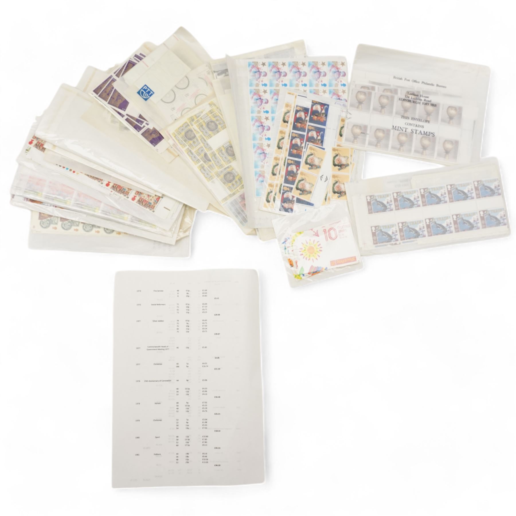 Queen Elizabeth II mint decimal stamps, face value of usable postage approximately 917GBP, comprising stamps from 1974 to 1981 with Christmas 1997 1st and 2nd class examples etc