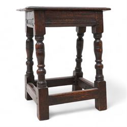 18th century oak joint stool, moulded rectangular top over geometric carved and moulded frieze rails, on turned supports united by plain stretchers 