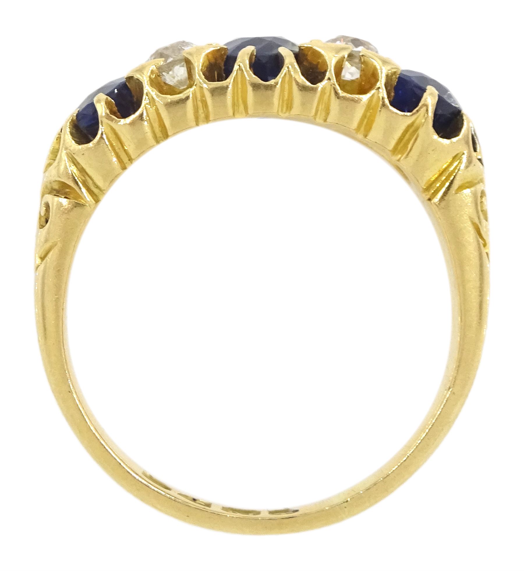 Victorian 18ct gold three stone oval cut sapphire and four stone old cut diamond ring, Chester 1898, total sapphire weight approx 1.70 carat, total diamond weight approx 0.40 carat